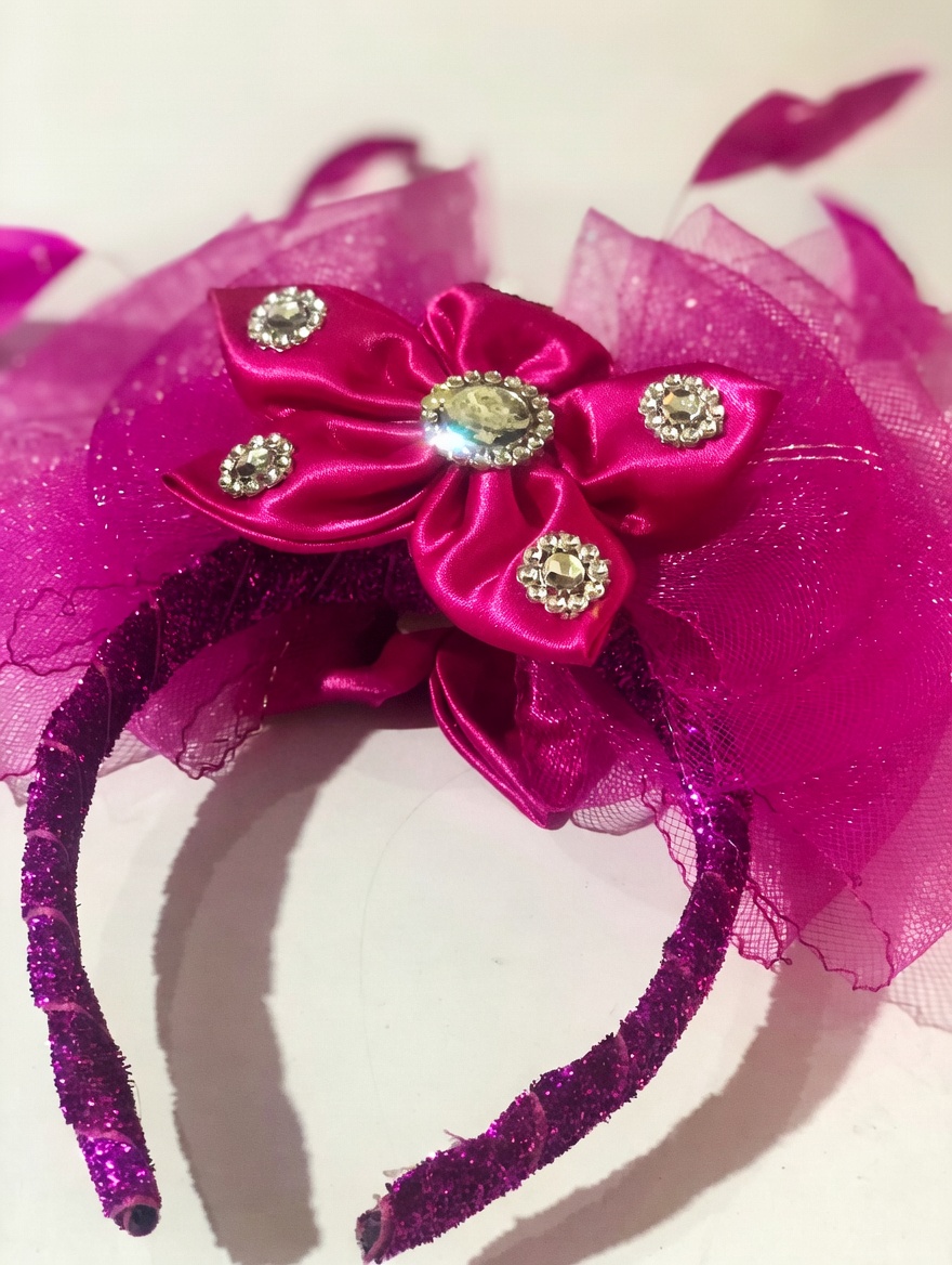 Magenta Glitter Fascinator Headband with Satin Bow & Crystal Rhinestone Embellishments - Image 3