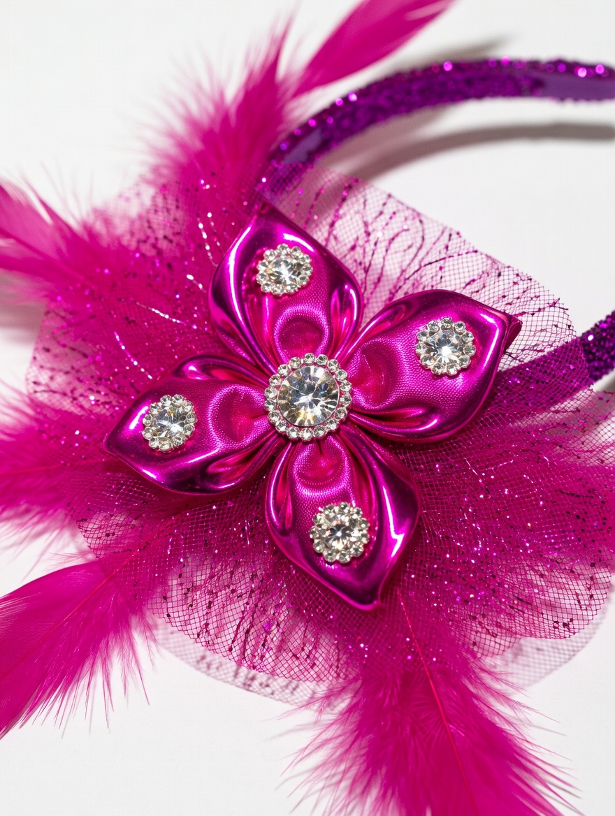 Magenta Glitter Fascinator Headband with Satin Bow & Crystal Rhinestone Embellishments