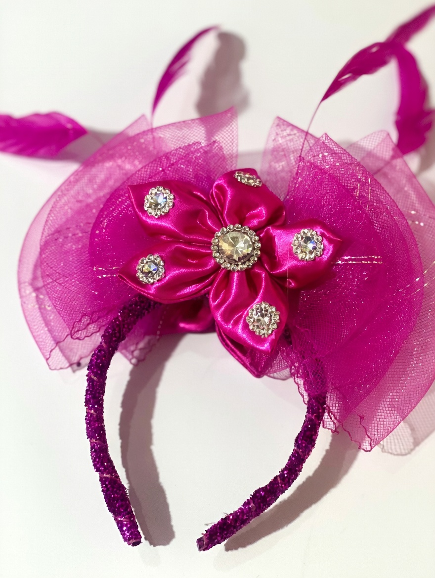 Magenta Glitter Fascinator Headband with Satin Bow & Crystal Rhinestone Embellishments - Image 2