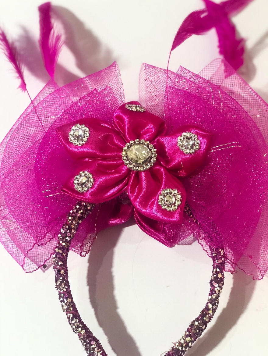 Magenta Glitter Fascinator Headband with Satin Bow & Crystal Rhinestone Embellishments - Image 4