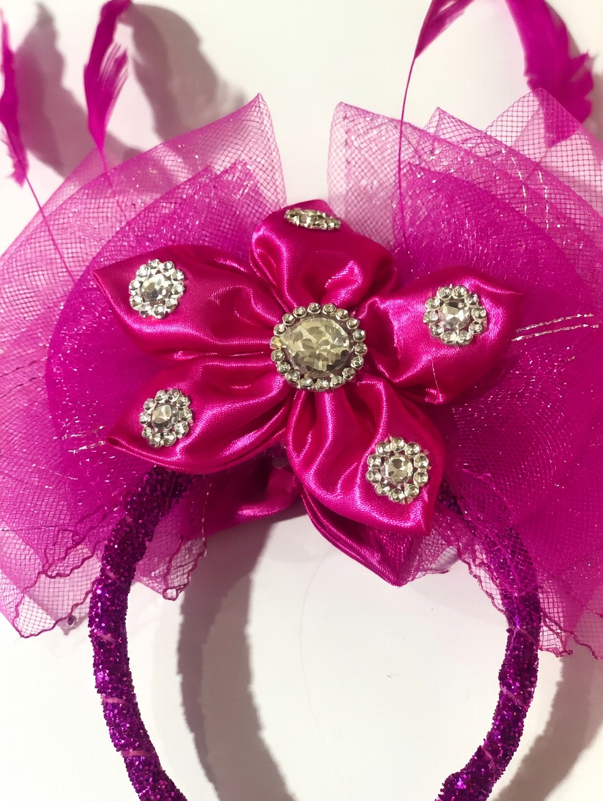 Magenta Glitter Fascinator Headband with Satin Bow & Crystal Rhinestone Embellishments - Image 6