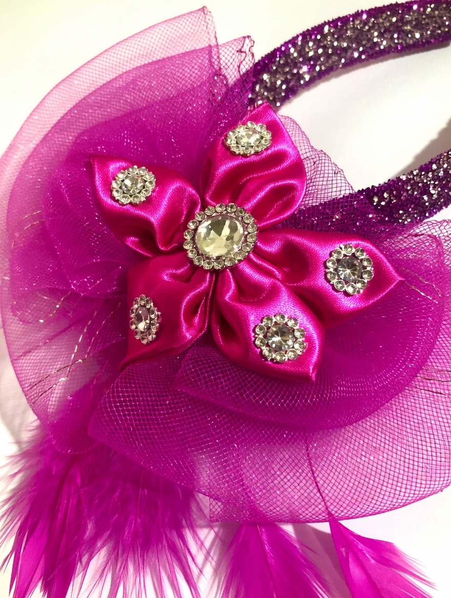 Magenta Glitter Fascinator Headband with Satin Bow & Crystal Rhinestone Embellishments - Image 7