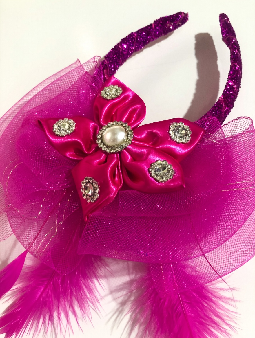 Magenta Glitter Fascinator Headband with Satin Bow & Crystal Rhinestone Embellishments - Image 5